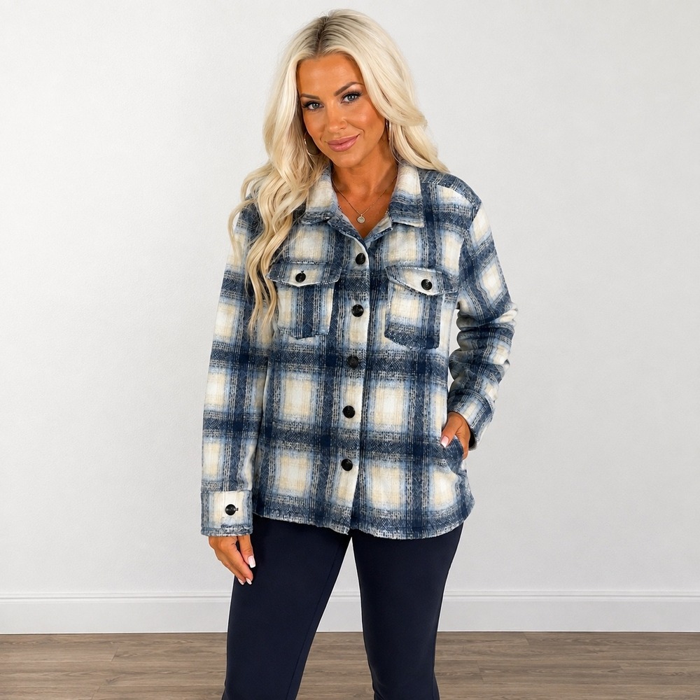Orb Blue Cream Plaid Shacket Fuzzy Button Front Overshirt Jacket